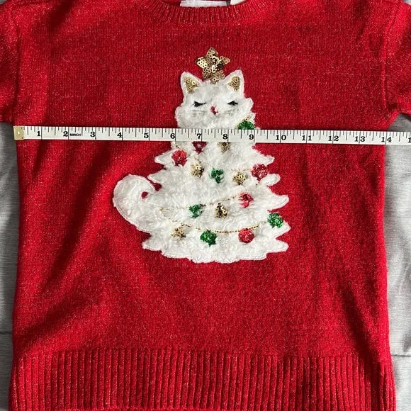 Girls Sequin Christmas Cat Sweater - Red - Picture 6 of 7